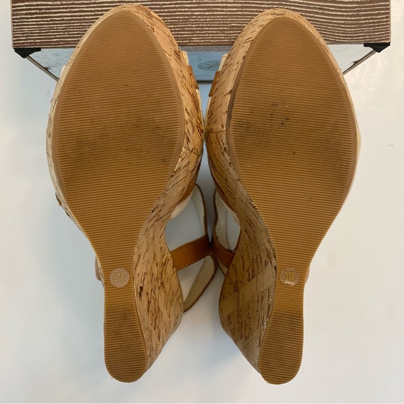 Michael Kors Melody Wedge Leather Canvas Platform Sandals Peanut Tan Sz 9 Resort - Picture 8 of 12